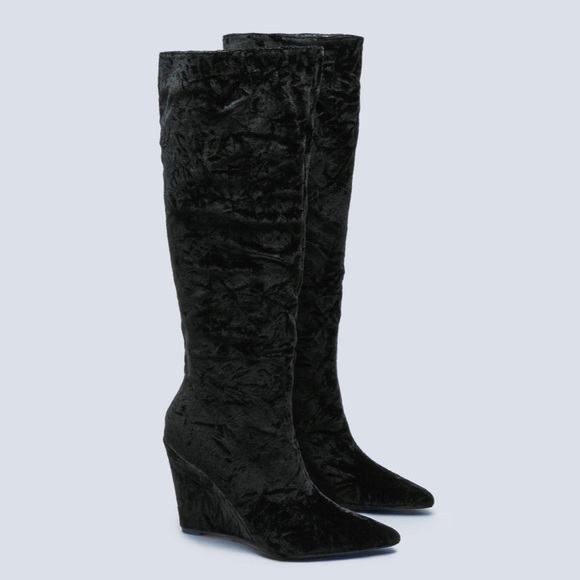 Velvet Pointed Toe Wedge Knee High Boot - Picture 4 of 7